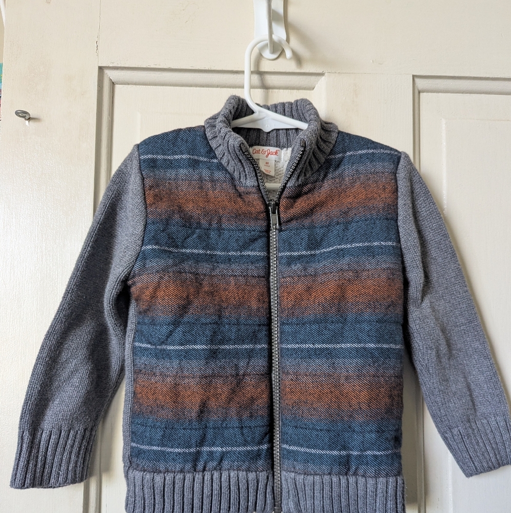 3T Quilted and Knit Zip-Up Sweater - Cat & Jack Blue/Brown New Toddler Boys